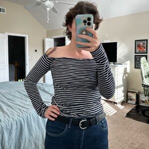 Express Off the Shoulder Navy and White Striped Blouse